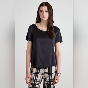 Pura Seta Black Short Sleeve Pure Silk Satin Top Sheer Relaxed Stretch Tshirt